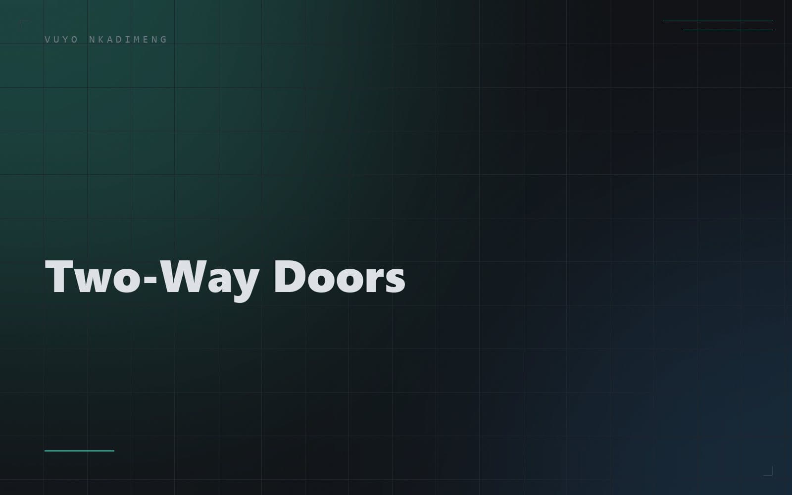 Editorial cover: the words Two-Way Doors set on warm paper